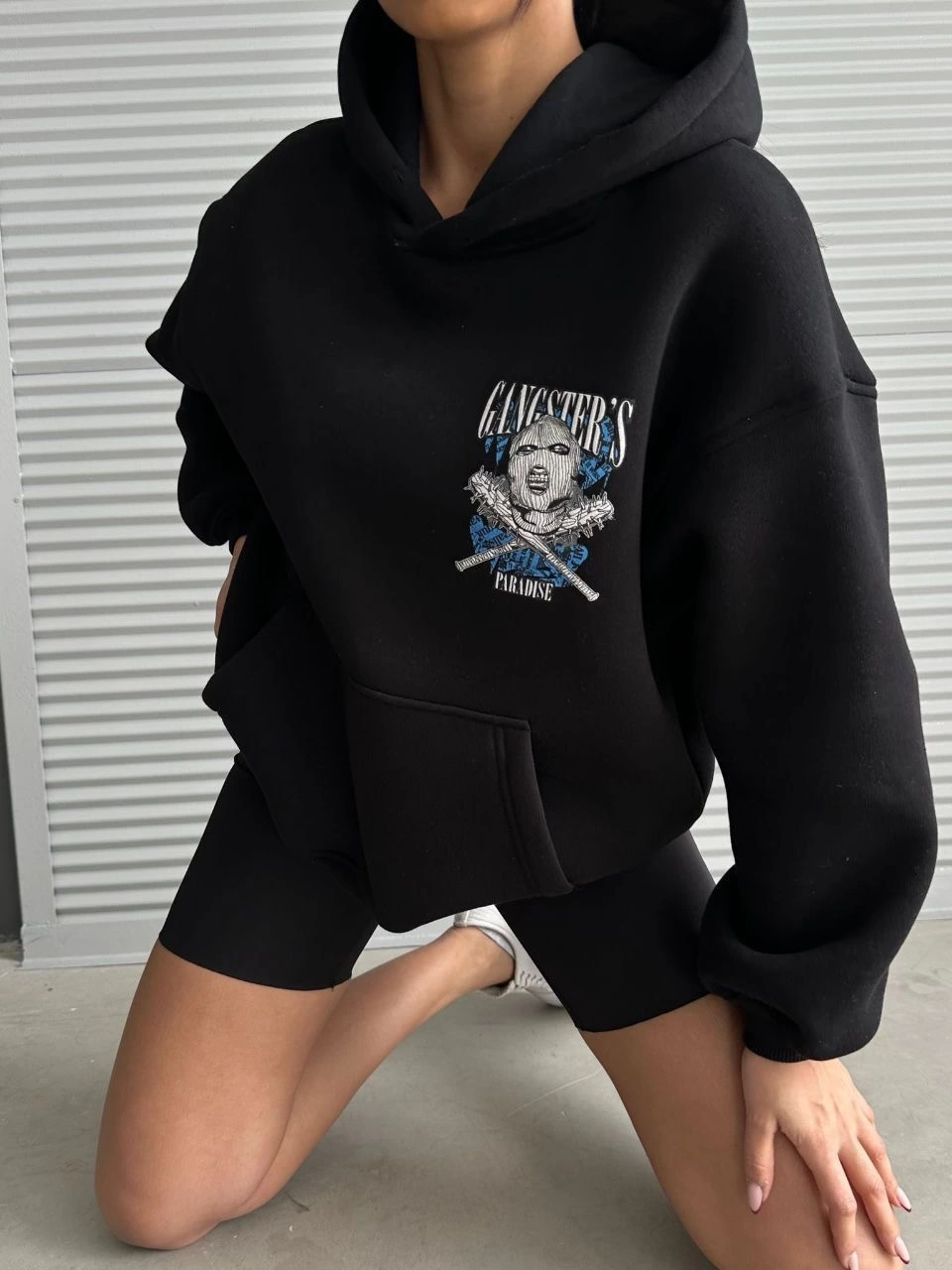 3 iplik şardonlu oversize kafa baskılı sweat siyah