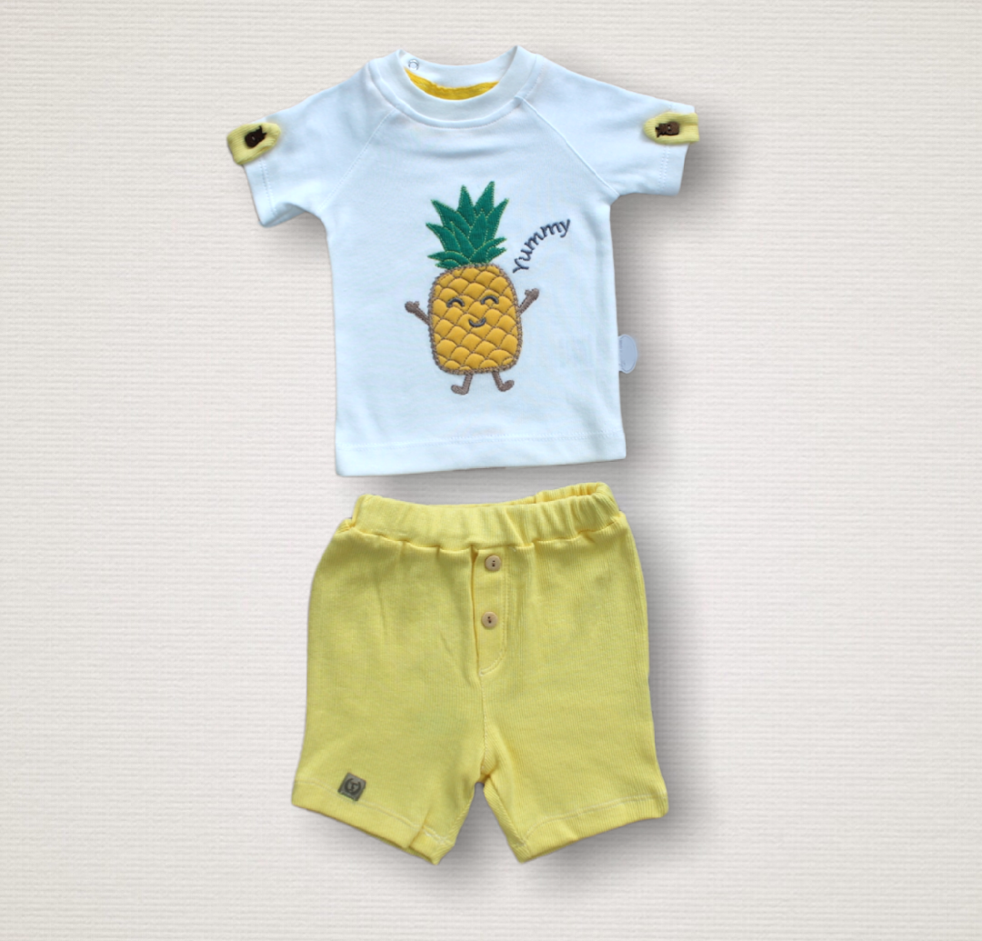 6-9 9-12 12-18 Ay Ananas Nakışlı Kısa Kollu Sweatli Şortlu 2li Kız-erkek Bebek Takımı