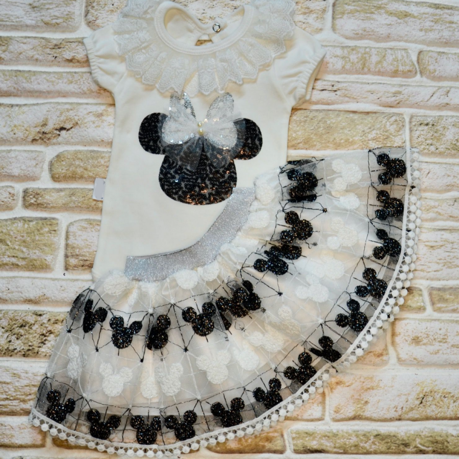 1-2-3 Yaş Payetli Mickey Nakışlı Kısa Kollu Brode Etekli 2li Kız Bebek Takımı