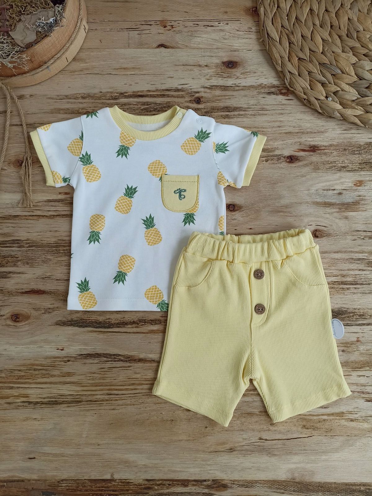 3-6 6-9 9-12 Ay Ananas Baskılı Şort Tişört 2 Li Kız Erkek Bebek Takımı