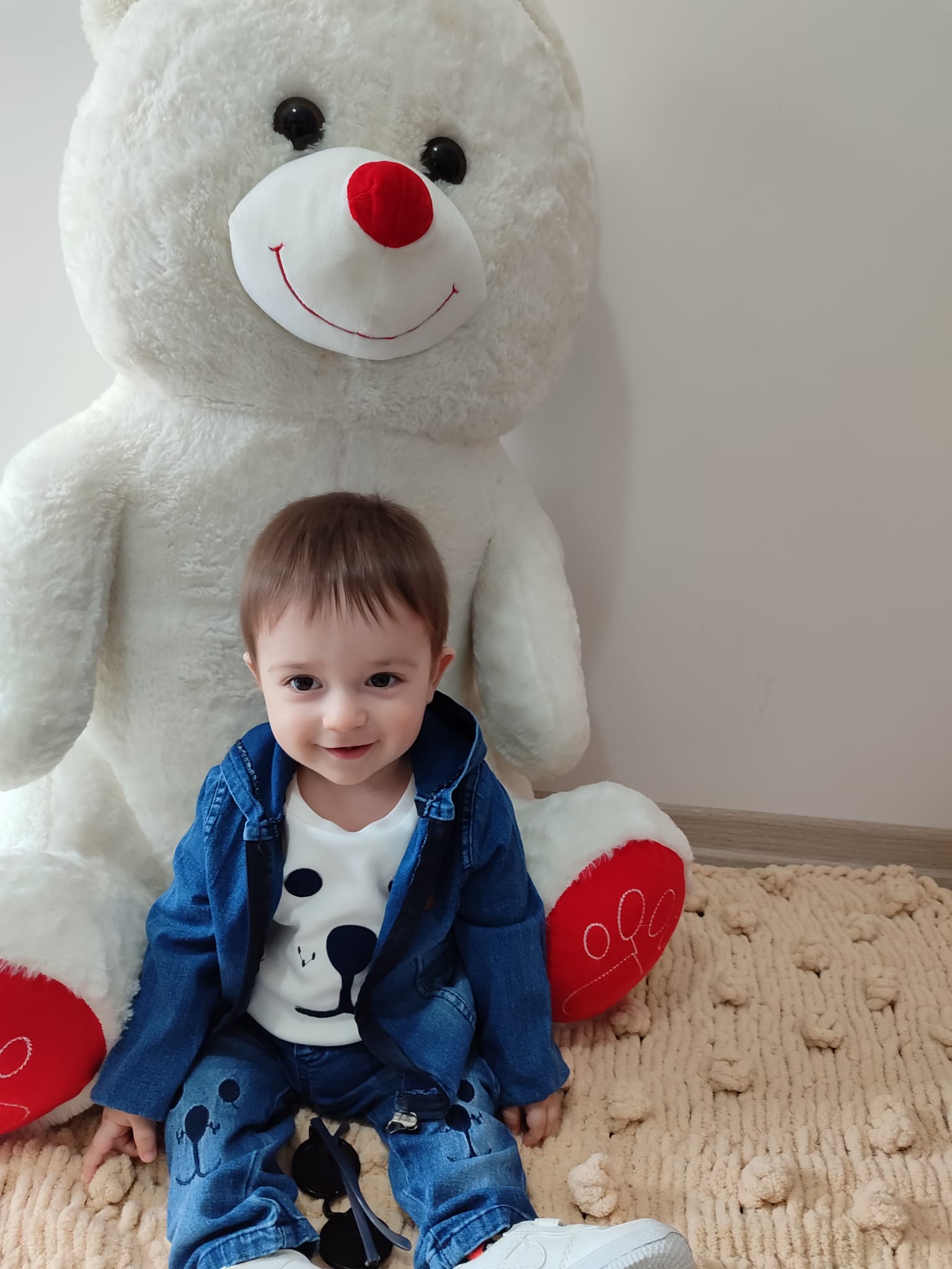 9-12-18-24 Ay Kot Kumaş Kapşonlu Uzun Kol Sweatli Kot Kumaş 3lü Erkek Bebek Takımı