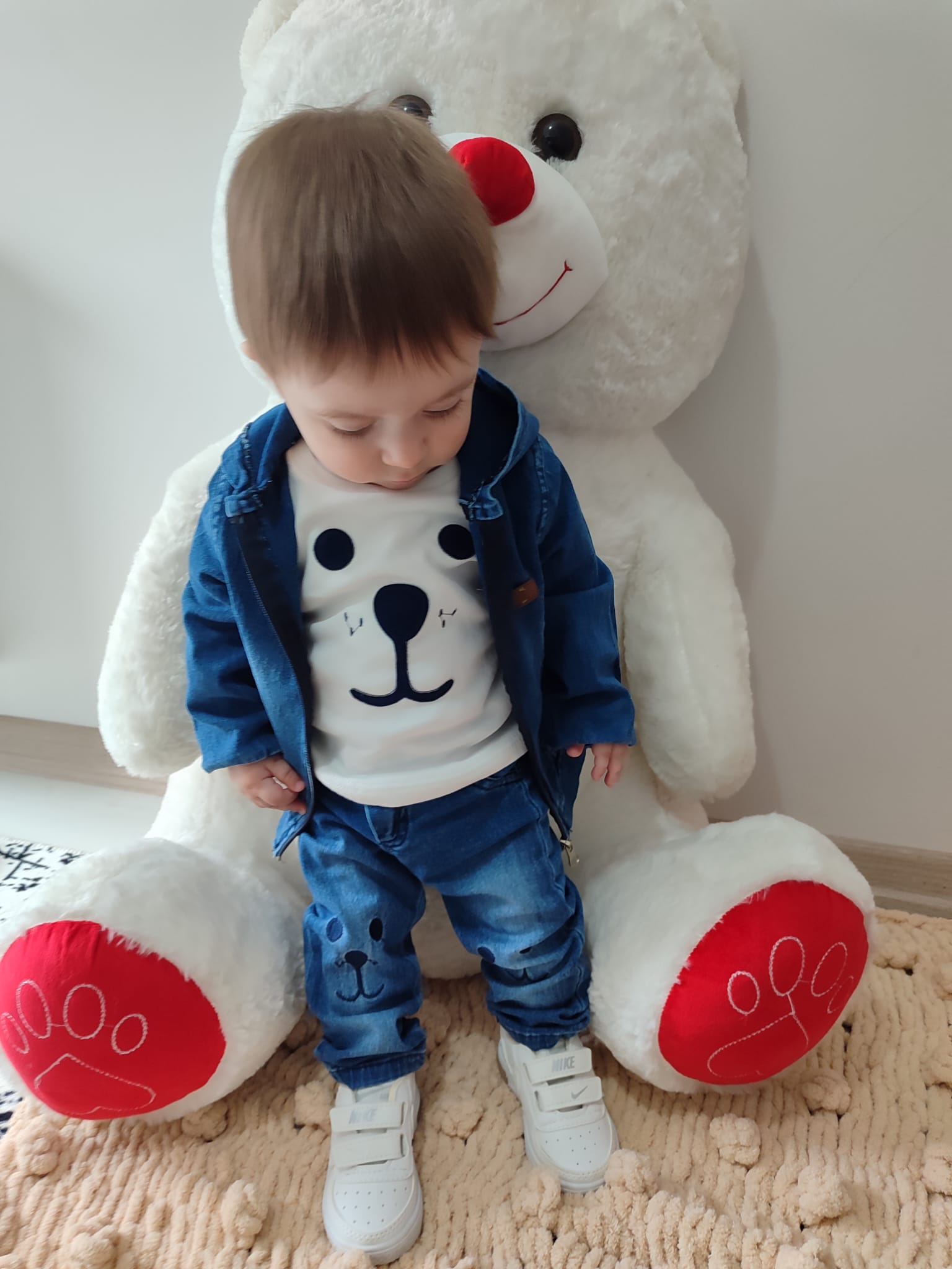 9-12-18-24 Ay Kot Kumaş Kapşonlu Uzun Kol Sweatli Kot Kumaş 3lü Erkek Bebek Takımı