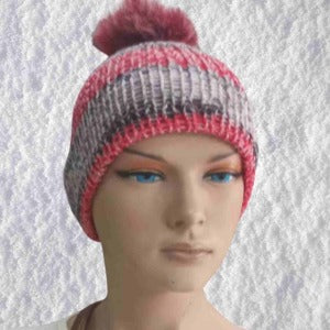 El Örgüsü Doğal Yün ve Akrilik Karışımlı Sıcacık Kış Beresi Açık Pembe Karışımlı Renk