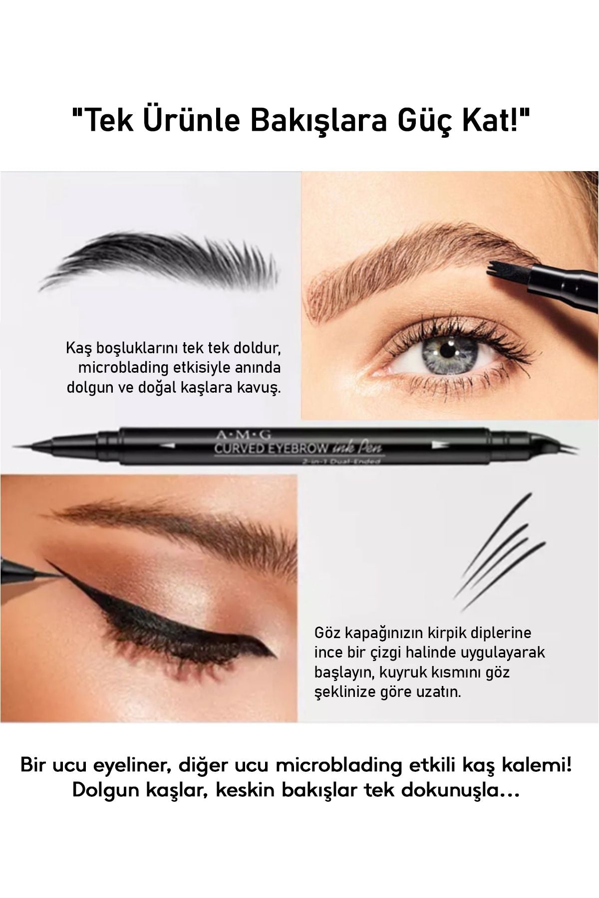Suya Dayanıklı Çatal Uçlu Kaş Kalemi – 2’si 1 Arada Krem Microblading Etkili Eyeliner & Kaş Kalemi