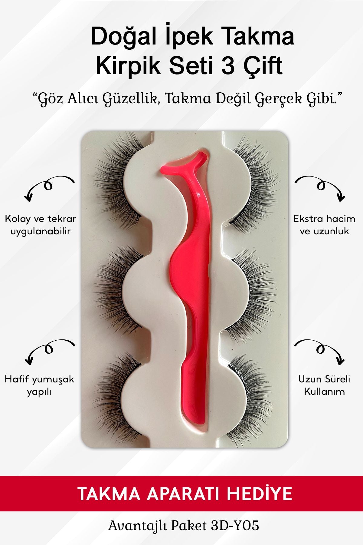 Doğal İpek Takma Kirpik 3 Çift + Kirpik Takma Aparatı 3D-Y05