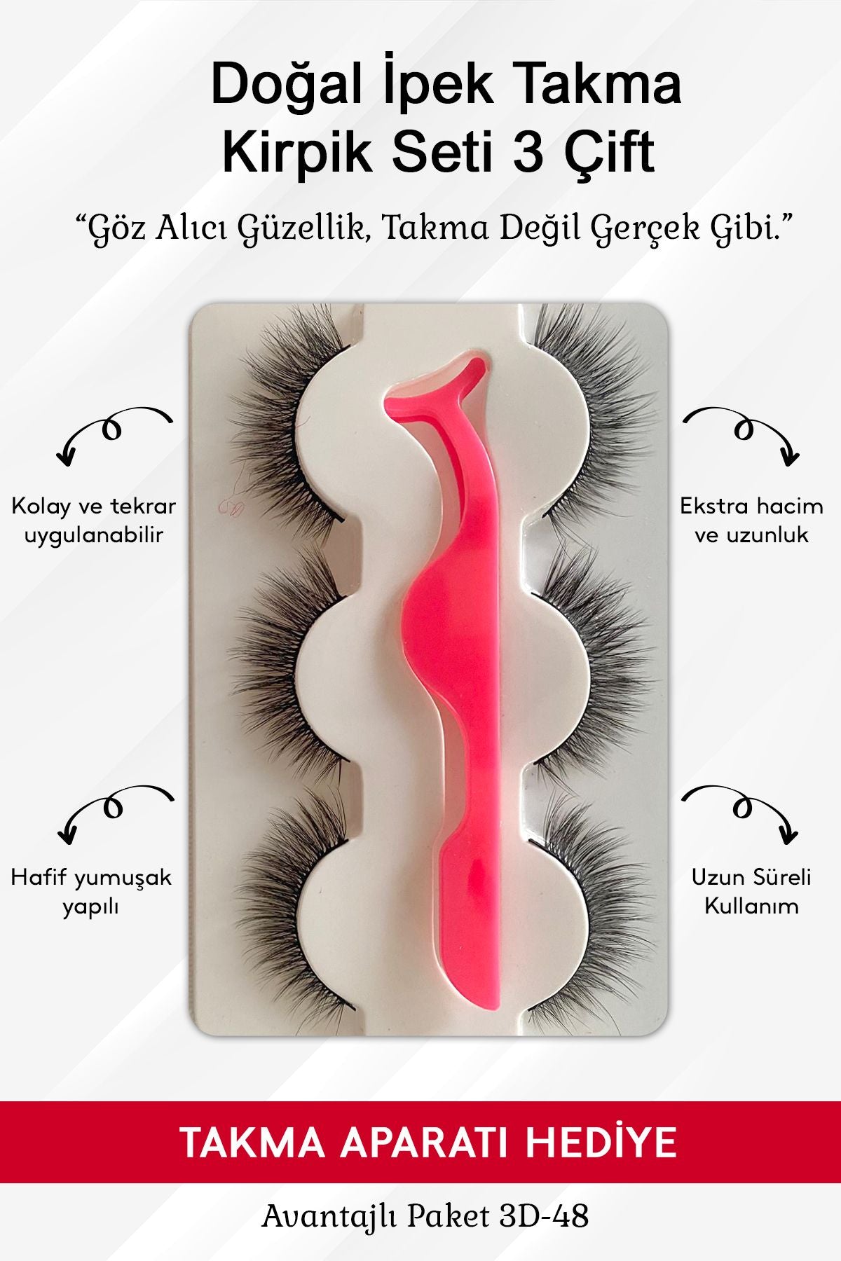 Doğal İpek Takma Kirpik 3 Çift + Kirpik Takma Aparatı 3D-48