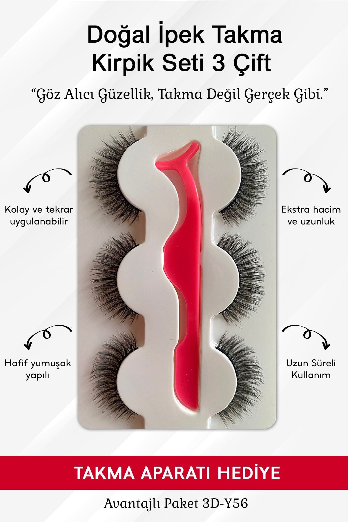 Doğal İpek Takma Kirpik 3 Çift + Kirpik Takma Aparatı 3D-32