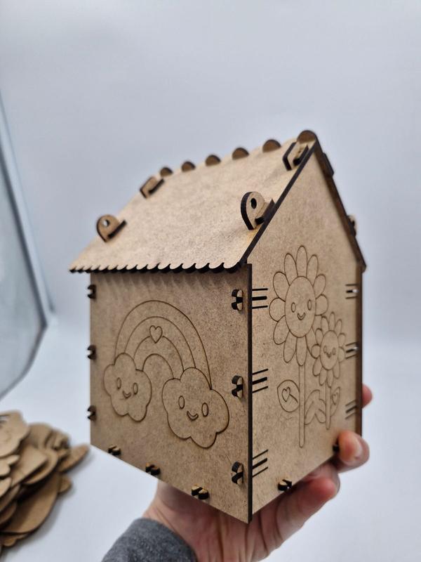 Desenli Ahşap Kuş Yuvası Evi Boyanabilir (Etkkinlik İçin) 16 cm x 13 cm x 12 cm