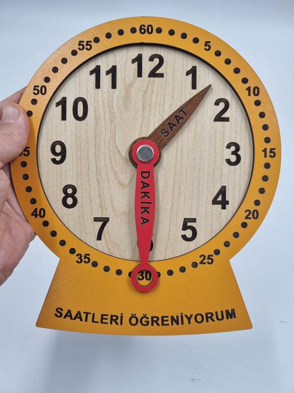 Ahşap Saatleri Öğreniyorum Montessori Eğitici Oyuncak Turuncu Renk 19 cm x 15 cm
