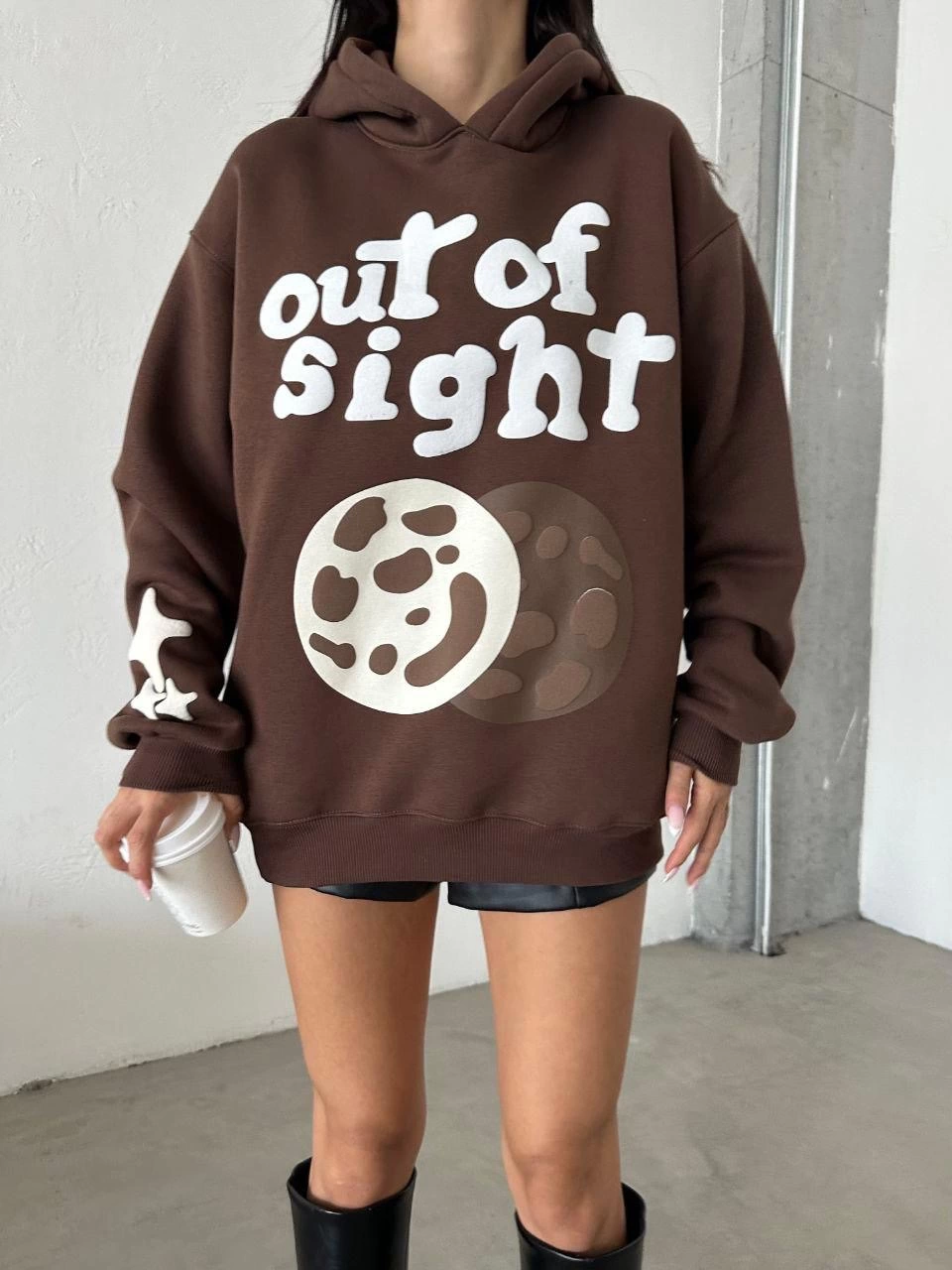 3 iplik şardonlu oversize out of baskılı sweat kahve