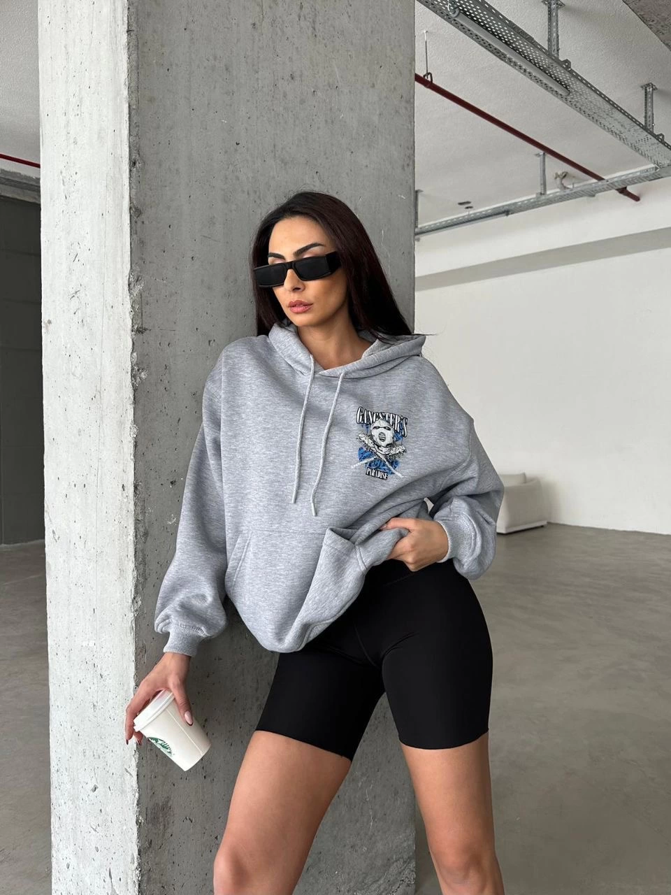 3 iplik şardonlu oversize kafa baskılı sweat gri