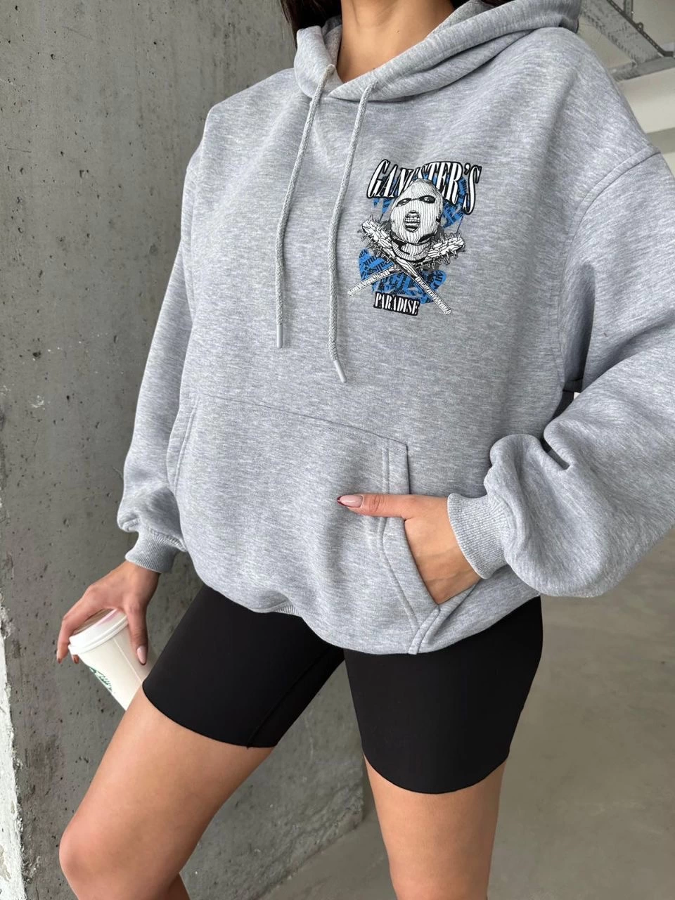 3 iplik şardonlu oversize kafa baskılı sweat gri