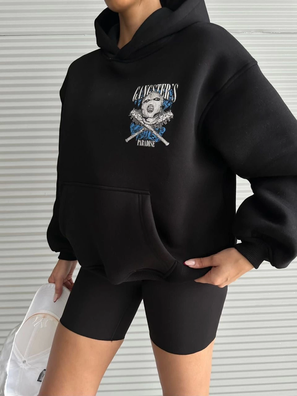 3 iplik şardonlu oversize kafa baskılı sweat siyah