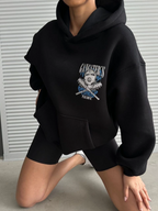 3 iplik şardonlu oversize kafa baskılı sweat siyah