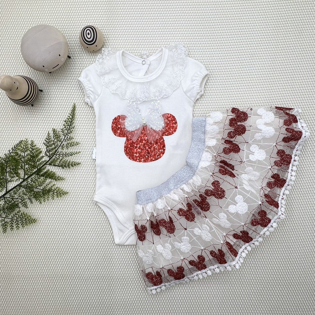 1-2-3 Yaş Payetli Mickey Nakışlı Kısa Kollu Brode Etekli 2li Kız Bebek Takımı