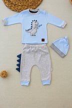 3-6 6-9 9-12 Ay Minik Dino Nakışlı Şapkalı Uzun Kollu Sweat 3lü Kız-erkek Bebek Takımı