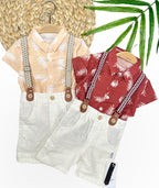 9-12-18-24 Ay Pamuk Keten Kumaş Hawai Gömlek Lastik Askılı 2li Erkek Bebek Takımı