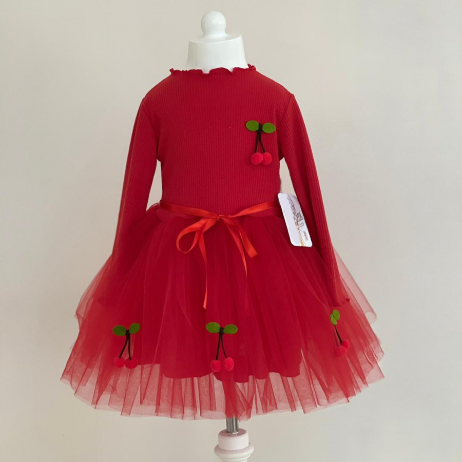 5-6-7 Yaş Kiraz Desenli Kurdela Kuşaklı Astarlı Uzun Kollu Kız Çocuk Tütü Elbise