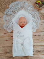 Yenidoğan Pamuk Taç Benim Prensim Nakışlı Trilüks Kundak Bebek Battaniyesi