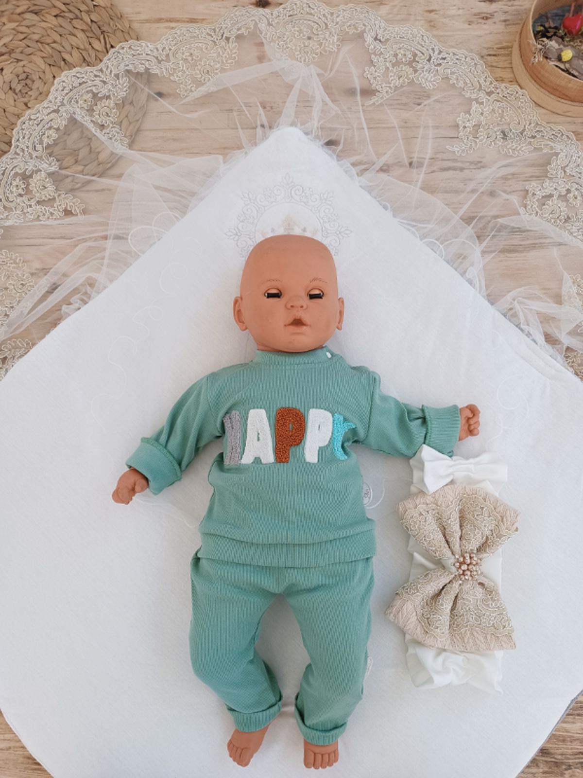 Yenidoğan Teri Cotton Taç Nakışlı Prizma Taş Kundak Bebek Battaniyesi