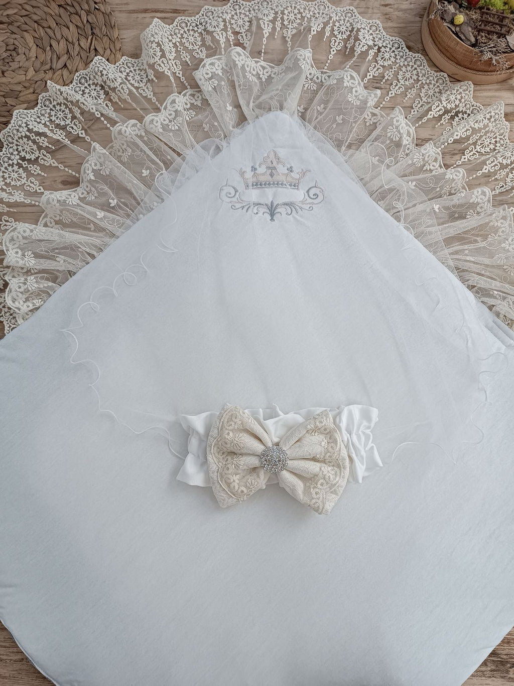 Yenidoğan Teri Cotton Taç Nakışlı Prizma Taş Kundak Bebek Battaniyesi