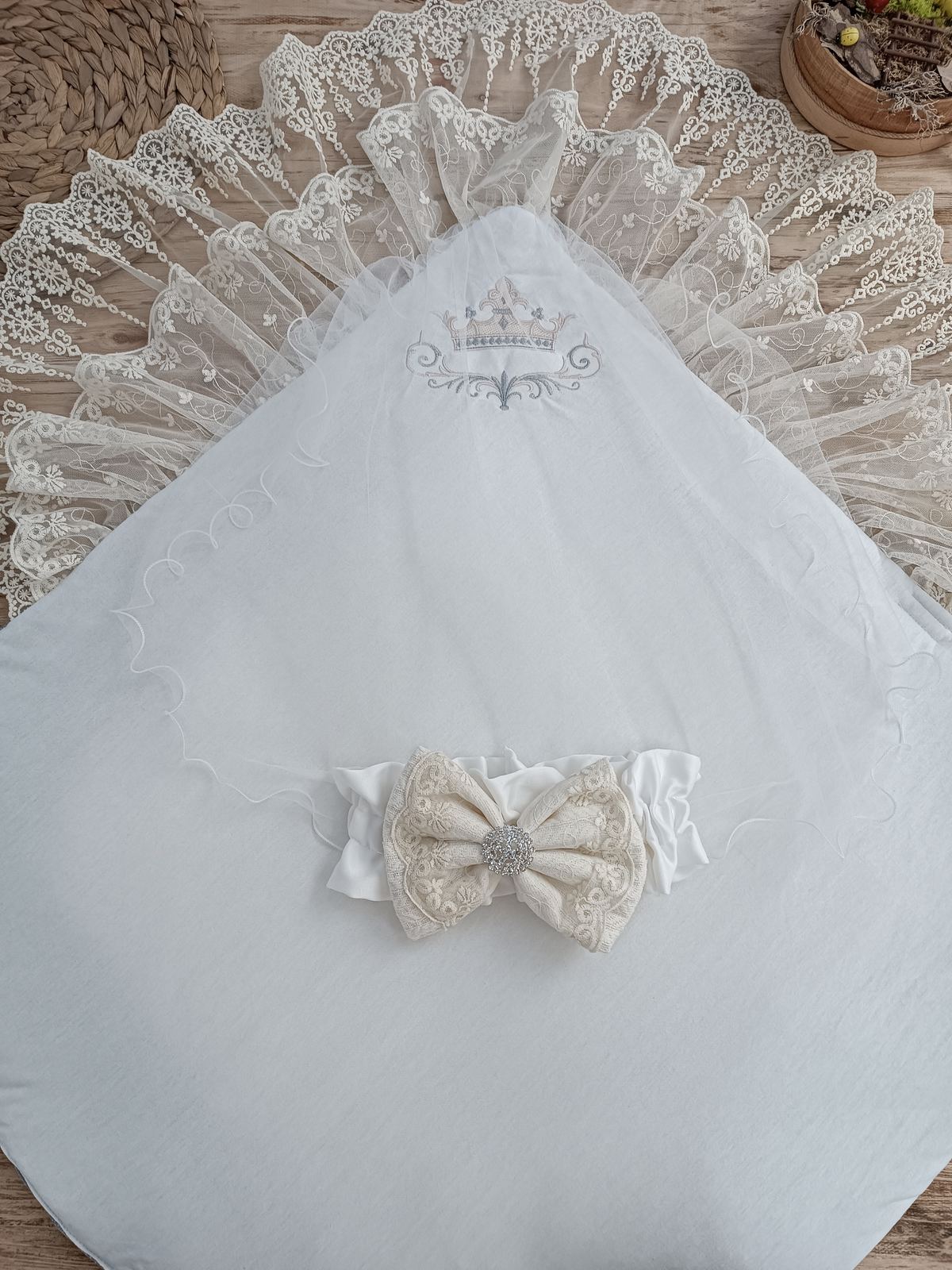 Yenidoğan Teri Cotton Taç Nakışlı Prizma Taş Kundak Bebek Battaniyesi