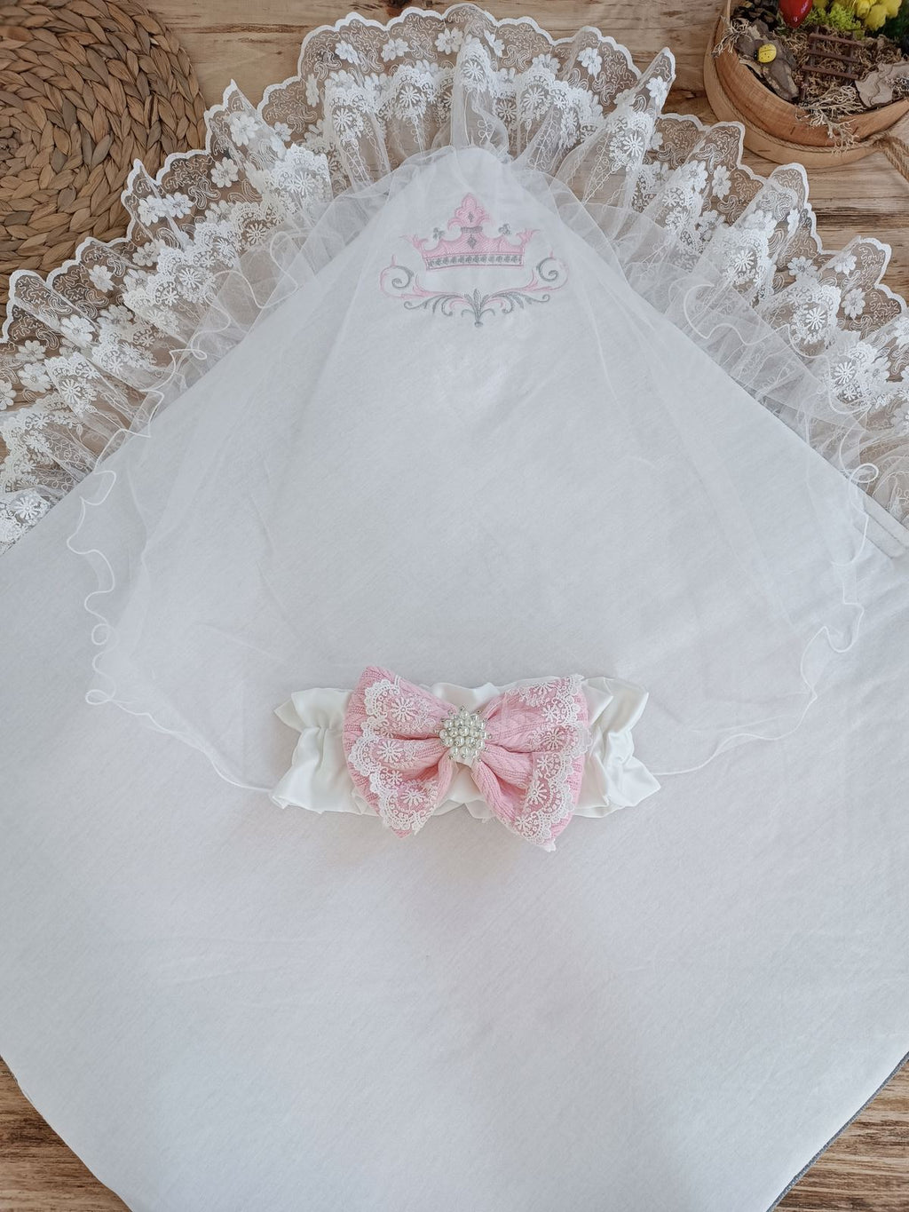 Yenidoğan Teri Cotton Taç Nakışlı Prizma Taş Kundak Bebek Battaniyesi