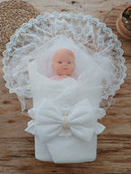 Yenidoğan Yakamoz Kumru Model Dantelli Taşlı Fiyonk Bebek Battaniyesi Kundak