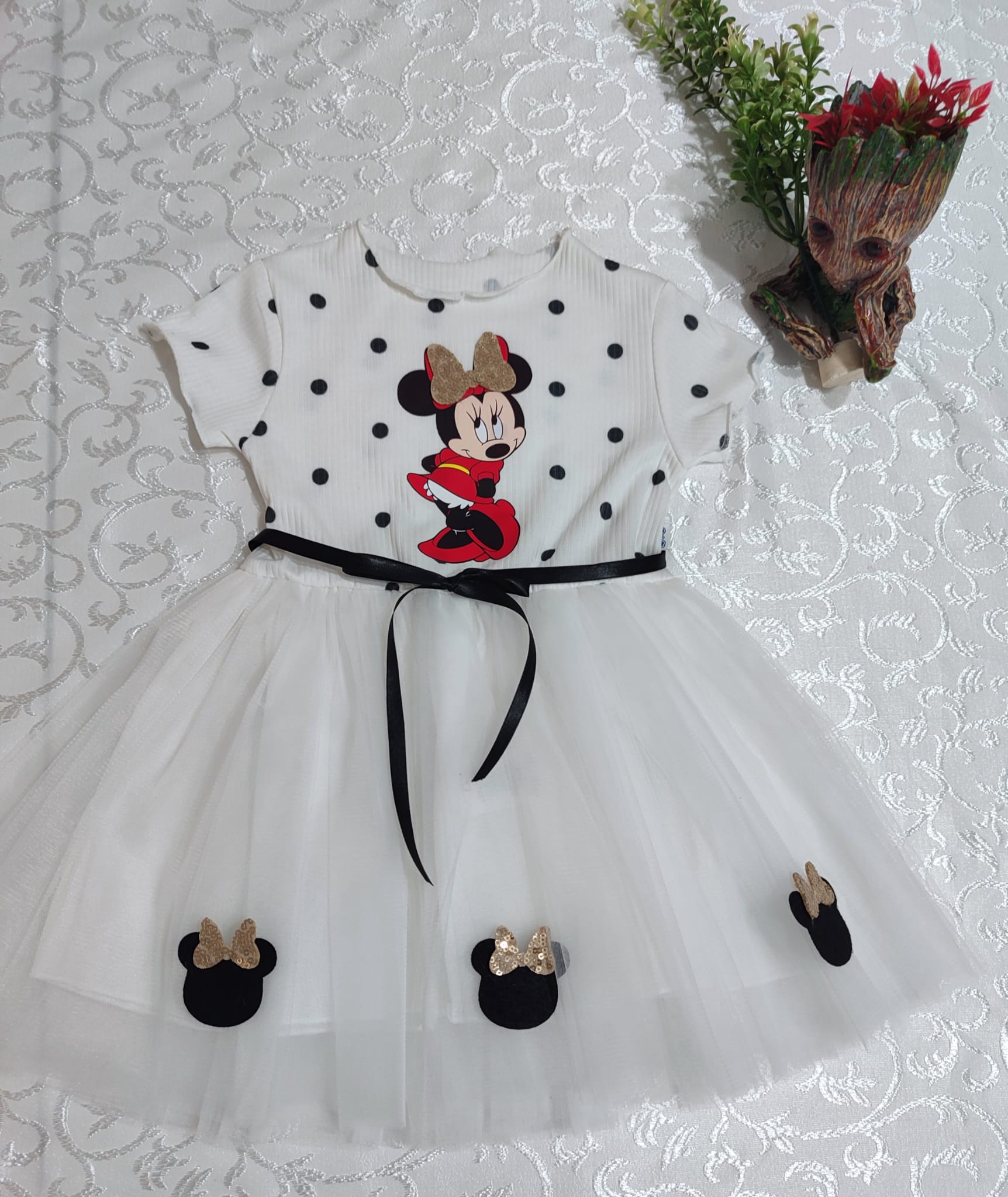 2-3-4 Yaş Puantiyeli Mickey Baskılı Kurdela Kuşaklı Astarlı Kız Bebek Tütü Elbisesi