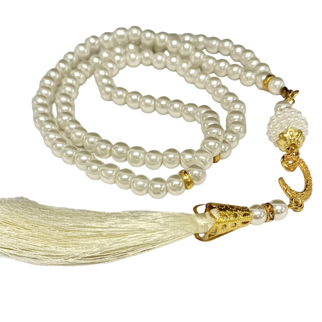 Namaz Tesbihi Vavlı 99'lu Cam İncili Ayet-el Kürsi Dua Kartı ile Krem Renk Hediyelik