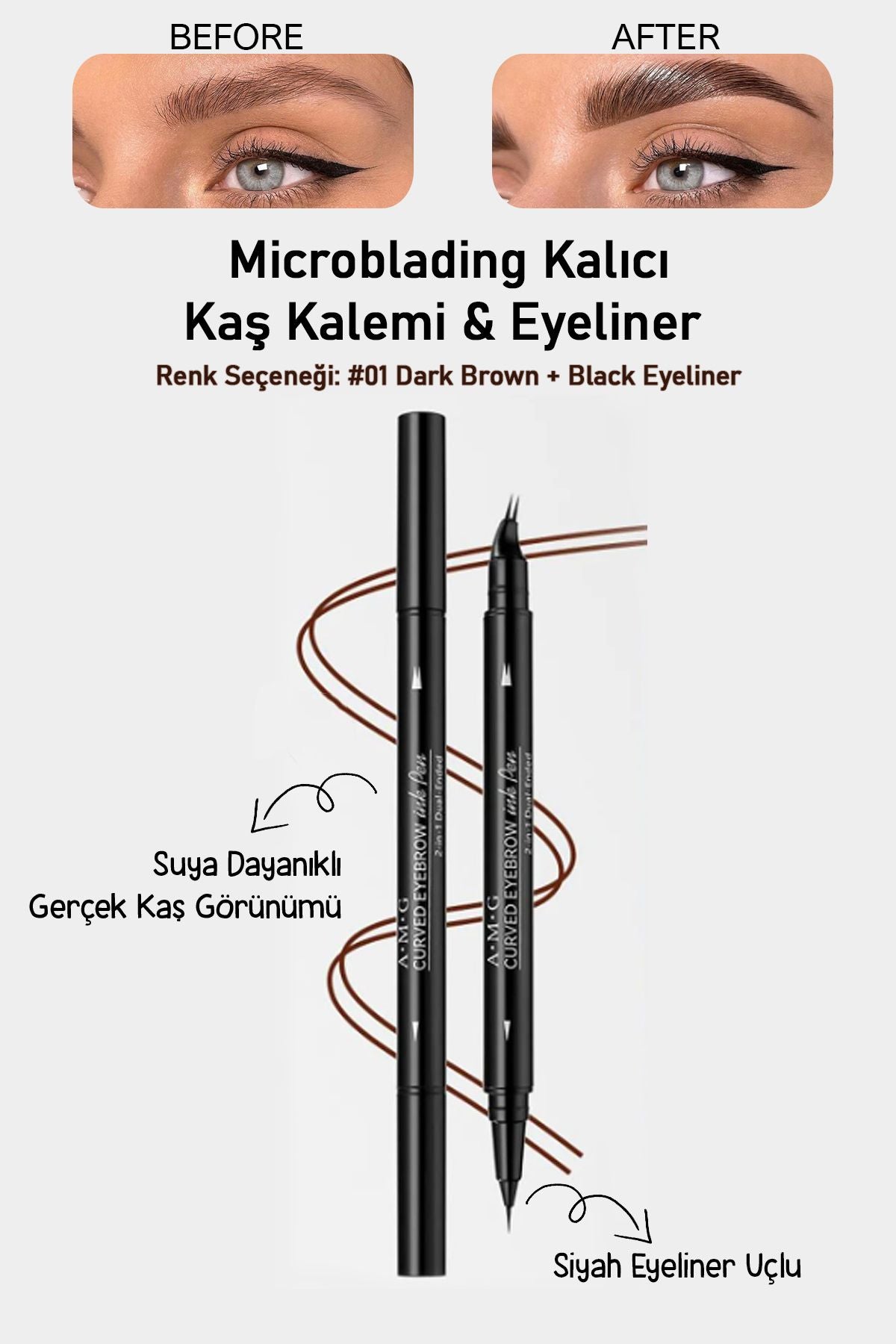 Suya Dayanıklı Çatal Uçlu Kaş Kalemi – 2’si 1 Arada Krem Microblading Etkili Eyeliner & Kaş Kalemi