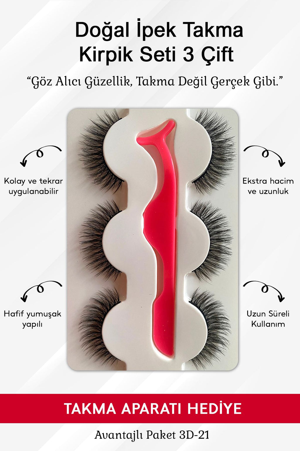 Doğal İpek Takma Kirpik 3 Çift + Kirpik Takma Aparatı 3D-21