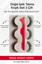 Doğal İpek Takma Kirpik 3 Çift + Kirpik Takma Aparatı 3D-21