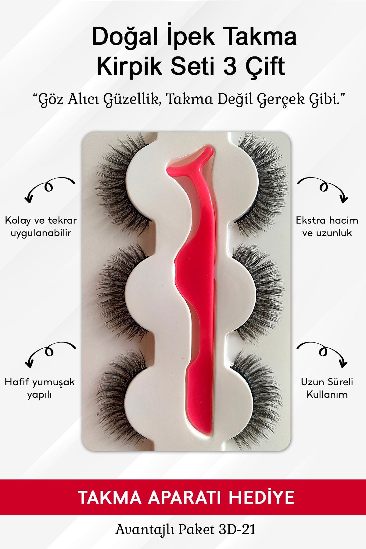 Doğal İpek Takma Kirpik 3 Çift + Kirpik Takma Aparatı 3D-21