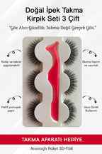 Doğal İpek Takma Kirpik 3 Çift + Kirpik Takma Aparatı 3D-32