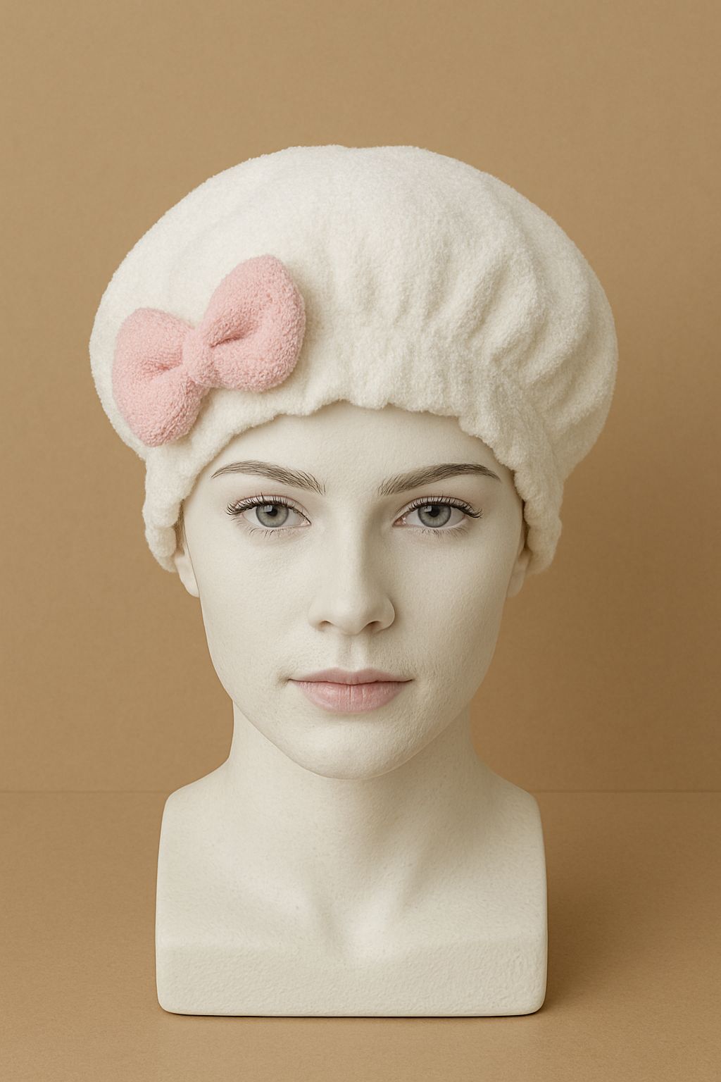 Saç Kurulama Banyo Duş Bonesi – %100 Pamuk , Fiyonklu Beyaz