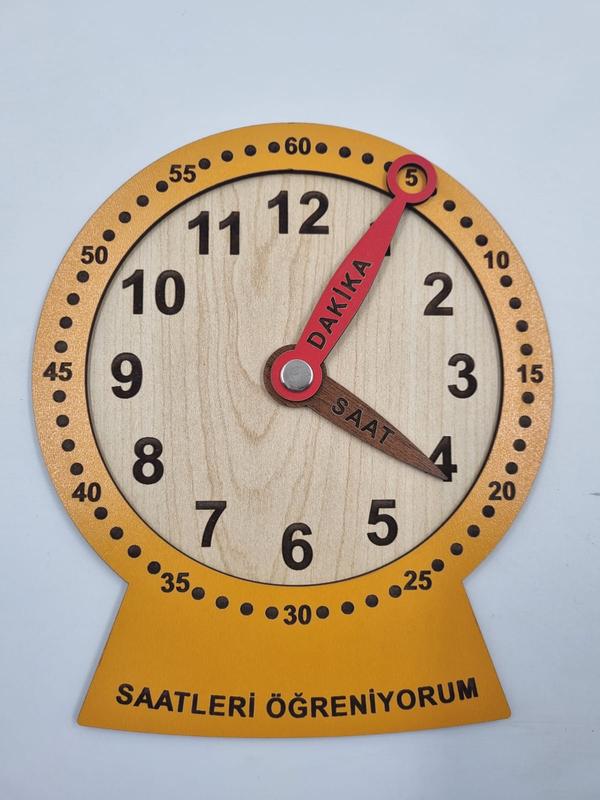 Ahşap Saatleri Öğreniyorum Montessori Eğitici Oyuncak Turuncu Renk 19 cm x 15 cm
