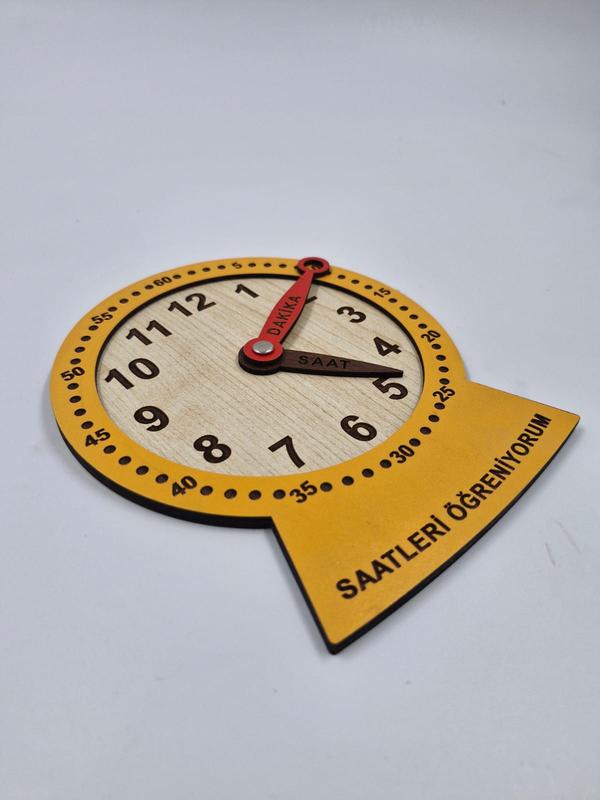 Ahşap Saatleri Öğreniyorum Montessori Eğitici Oyuncak Turuncu Renk 19 cm x 15 cm