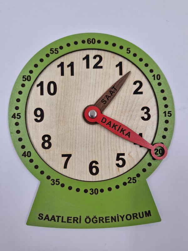 Ahşap Saatleri Öğreniyorum Montessori Eğitici Oyuncak Yeşil Renk 19 cm x 15 cm