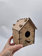 Desenli Ahşap Kuş Yuvası Evi Boyanabilir (Etkkinlik İçin) 16 cm x 13 cm x 12 cm