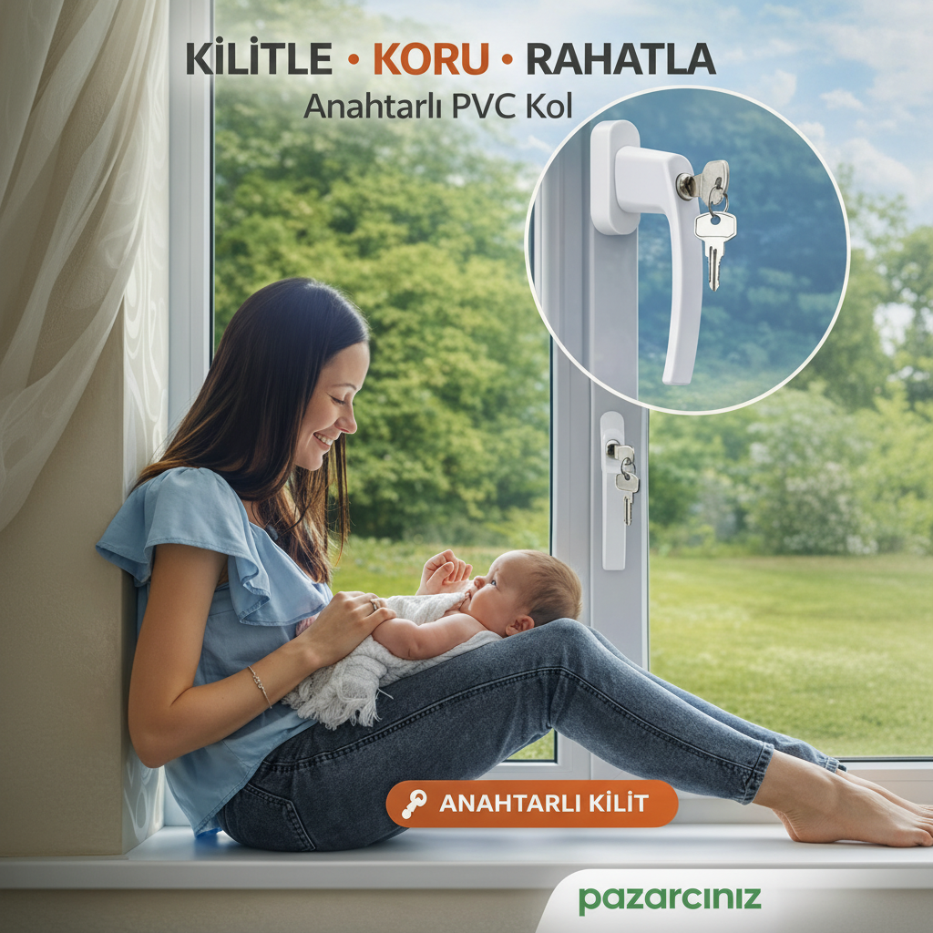 Anahtarlı Kilitli Pvc Pimapen Pencere ve Balkon Kapı Kolu Çiftli Alüminyum Beyaz