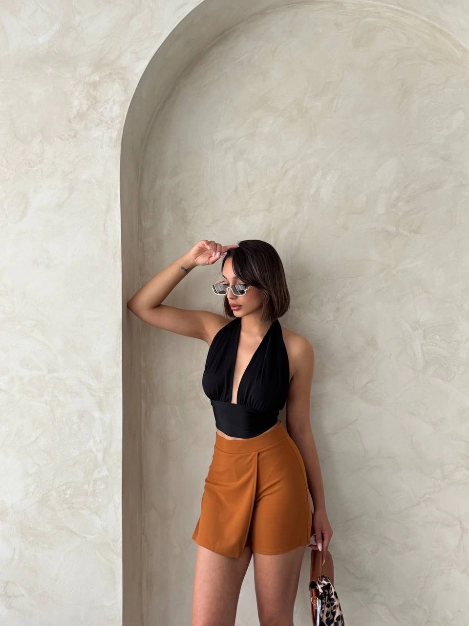 Kapaklı şort etek camel s208