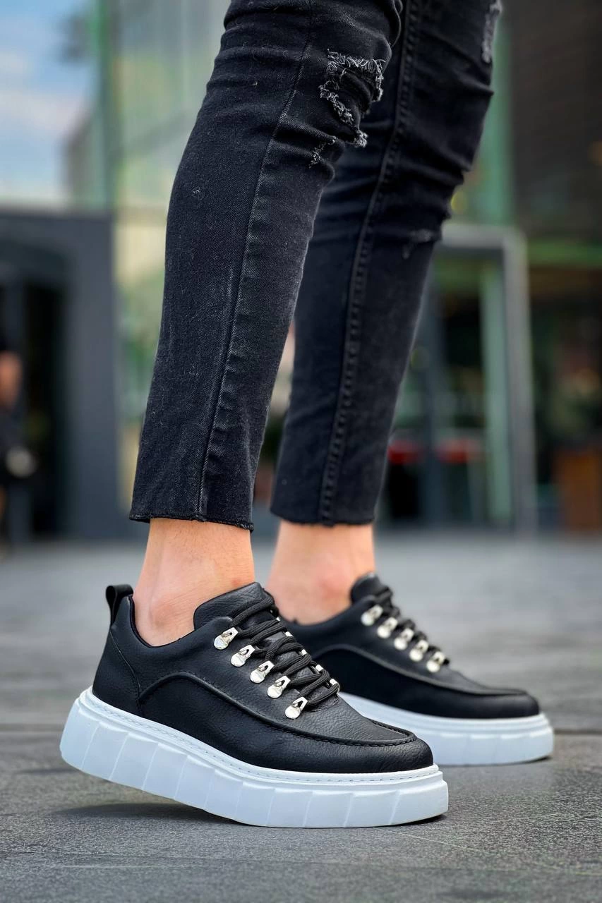 KB-X10 Kuback Siyah Cilt Beyaz Yüksek Taban Günlük Spor Ayakkabı