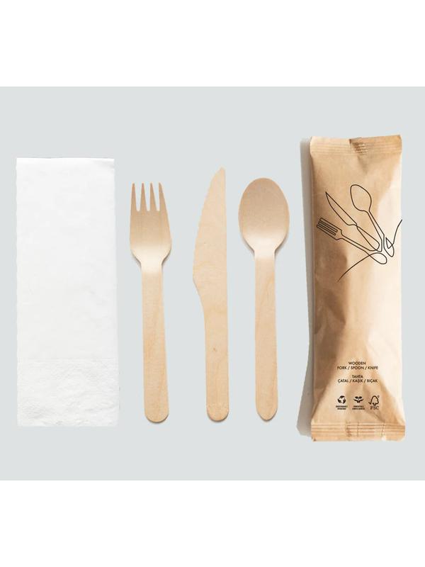 10 Paket Tahta Çatal Bıçak Kaşık Peçete Ikram Seti