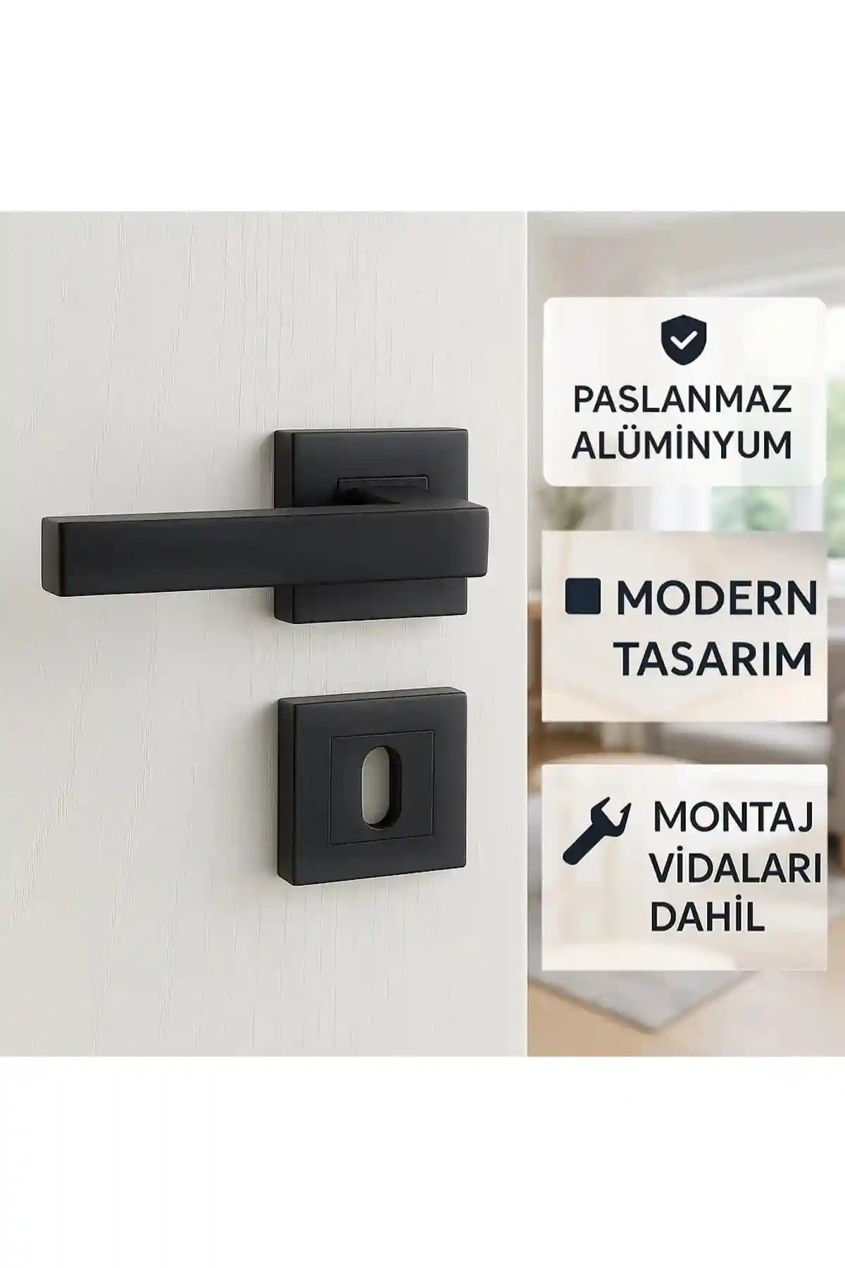 Kare Rozetli Oda Kapı Kolu Paslanmaz Alüminyum Mat Siyah 1 Takım Sağ Sol