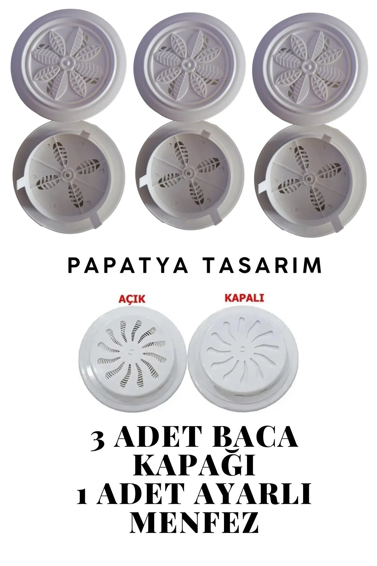3 Adet Papatya Tasarım Baca Kapağı Beyaz ve 1 Adet Beyaz Ayarlı Doğalgaz Cam Menfezi