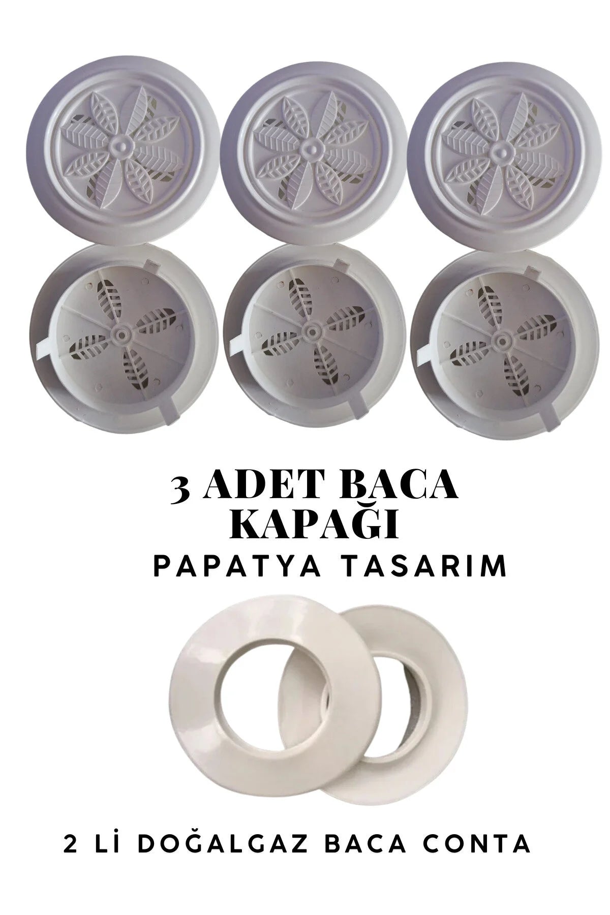 Papatya Tasarım Baca Kapağı Beyaz 3 Adet,Kombi Baca Lastik Conta Beyaz 2 Adet