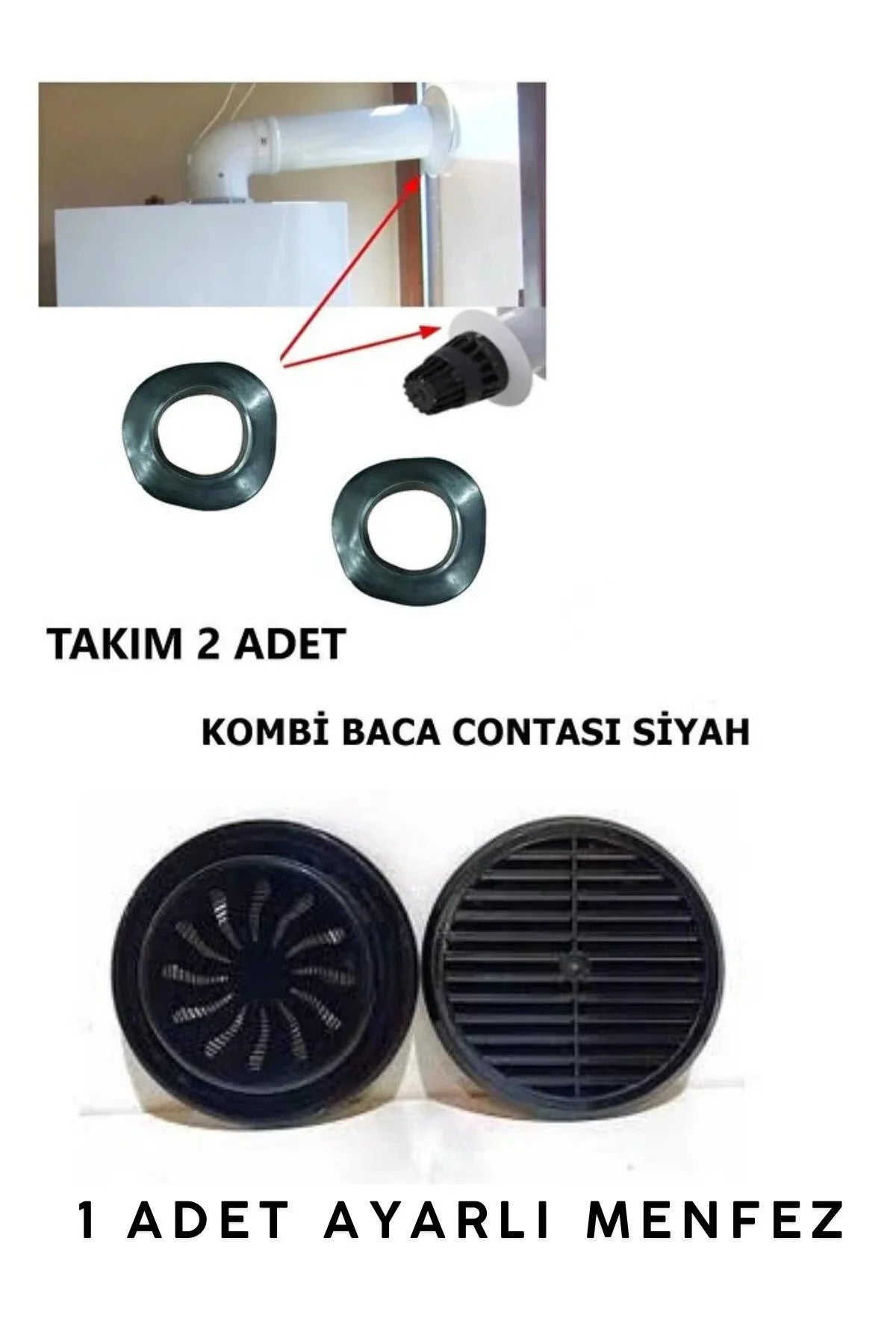 Ayarlı Doğalgaz Cam Menfezi Siya 1 Adet, 2 Li Doğalgaz Kombi Baca Contası Siyah 2 Adet